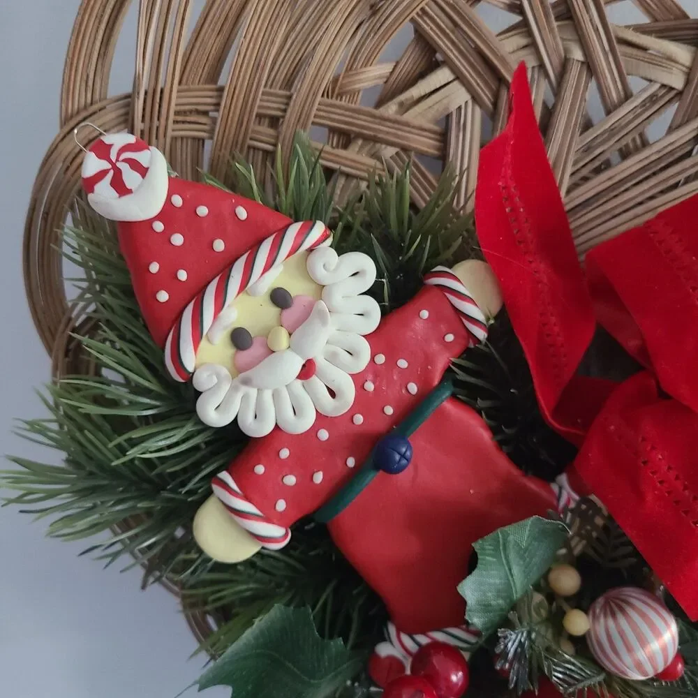 Vintage Wicker Christmas Wreath Wall Hanging With Clay Santa + Greenery + Ribbon